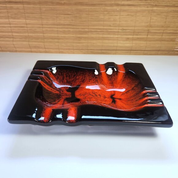 Evangeline Ceramic Ashtray Mid Century Modern Vintage Large Canada Black Orange - Picture 2 of 14